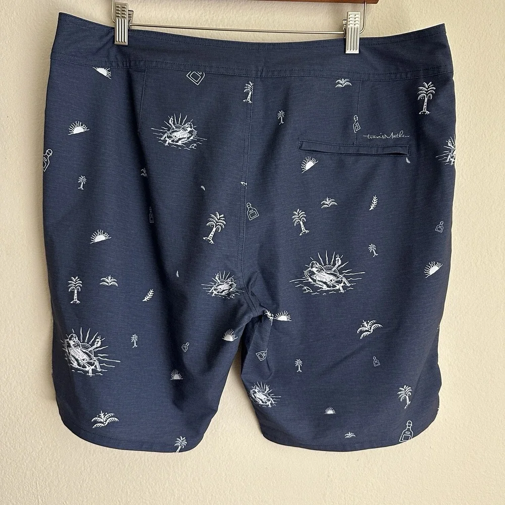 Travis Mathew Board Shorts Mens 38 Navy Blue Tropical Skeleton Palm Tree Tequila